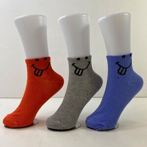 Womens Crew Socks Set 3 Smiley Face Print Solid Orange Gray Blue